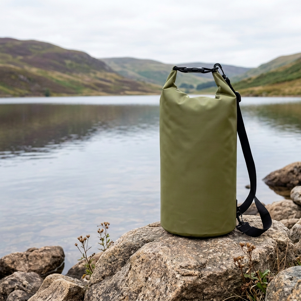Olive green dry bag beside a lake