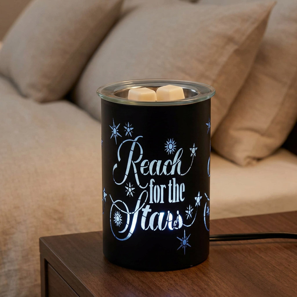 Reach for the Stars electric wax warmer with blue light and wax melts on a bedside table