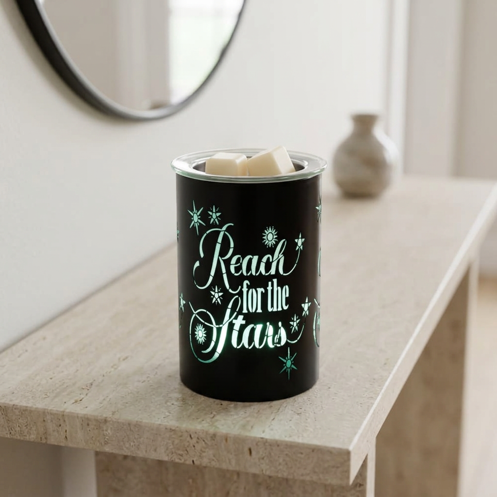 Reach for the Stars electric wax warmer with wax melts on a pale stone console