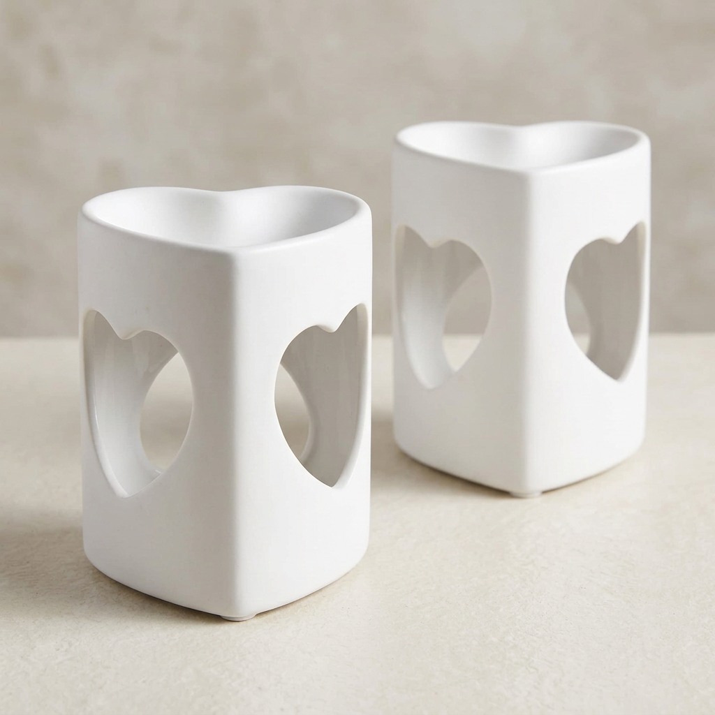 2 White Heart Tealight Wax Melt Warmers & Oil Burners with Candle & Melts