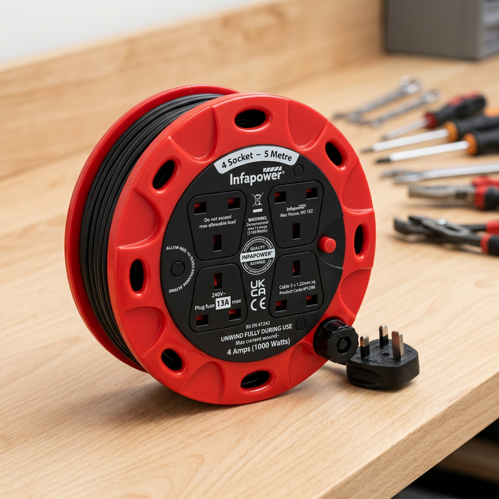 Infapower extension cable reel on indoor workshop bench