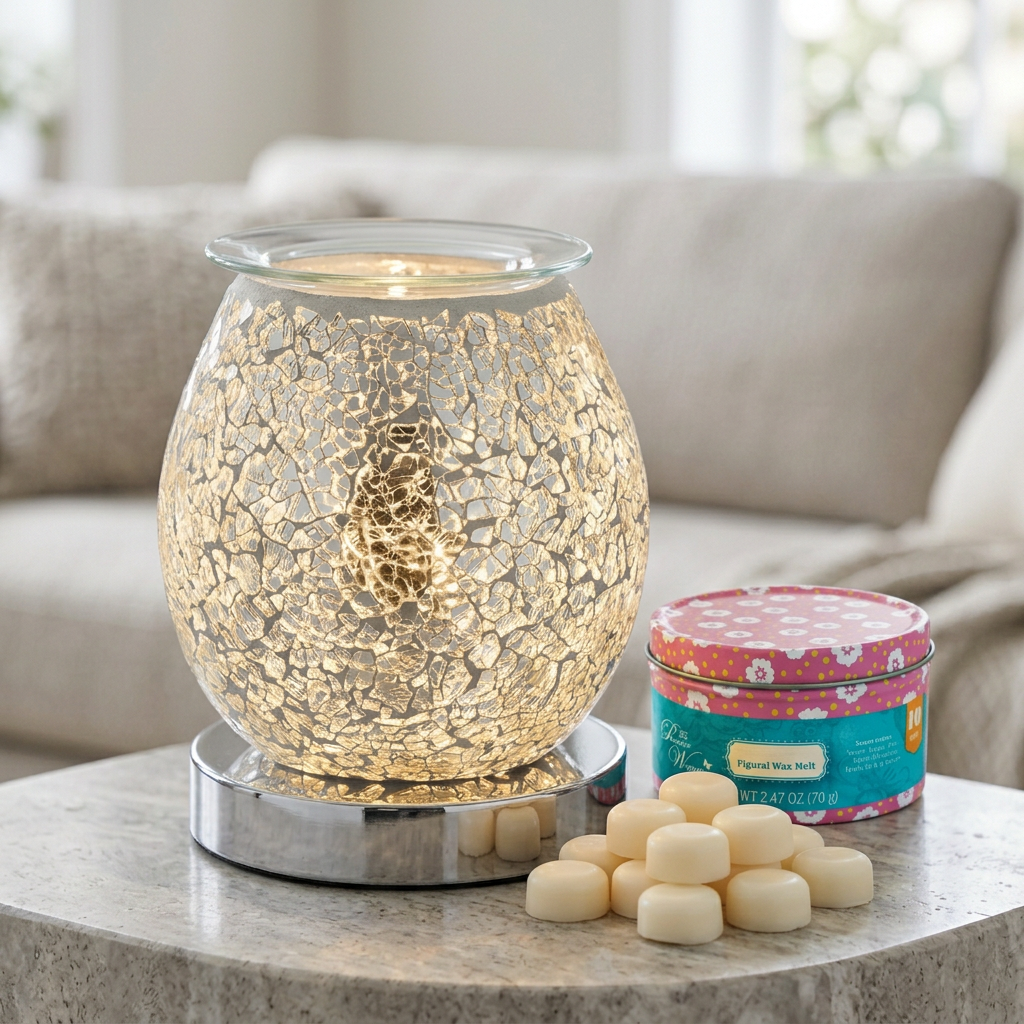 Silver crackle electric wax melt warmer with a tin and illustrative cream-coloured wax melts