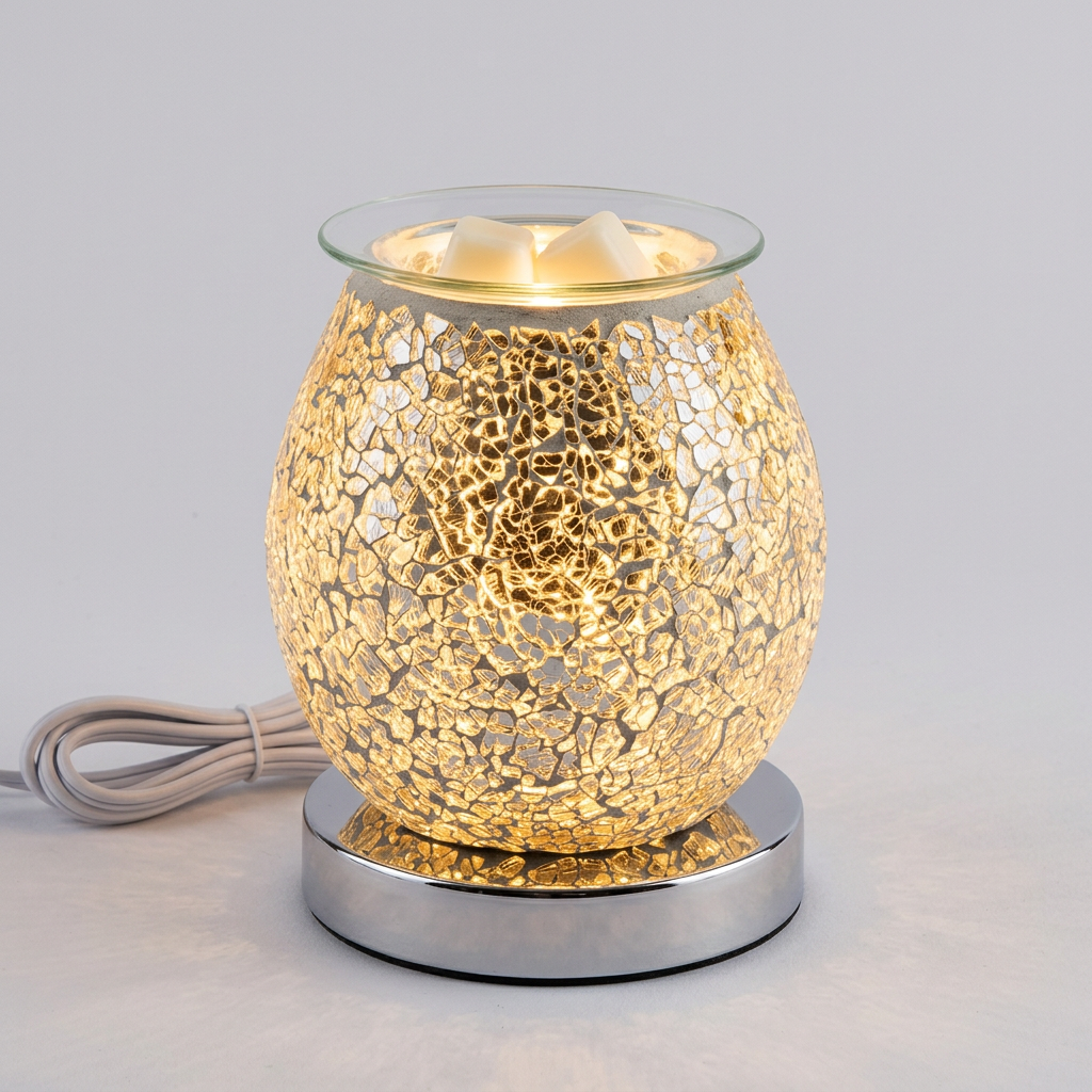 Illuminated silver crackle electric wax melt warmer
