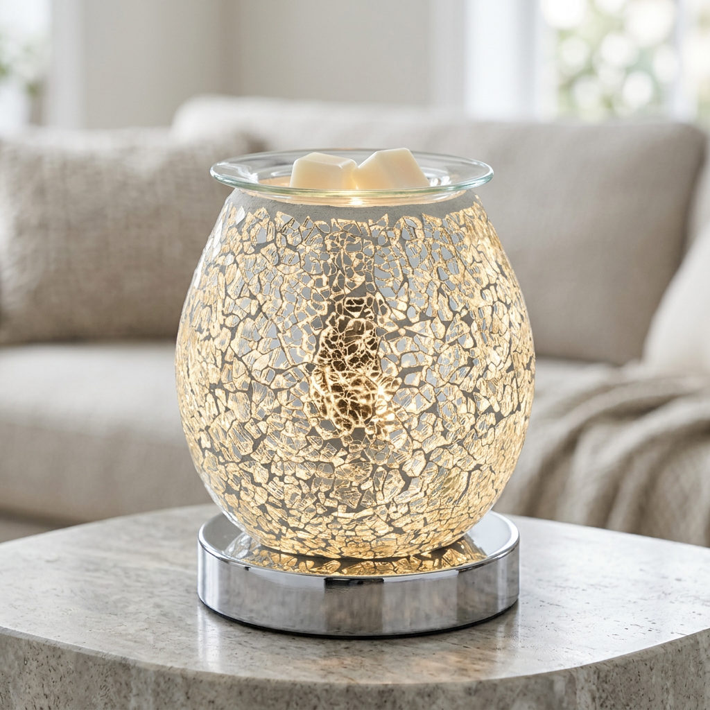 Silver crackle wax melt warmer in a daytime living room
