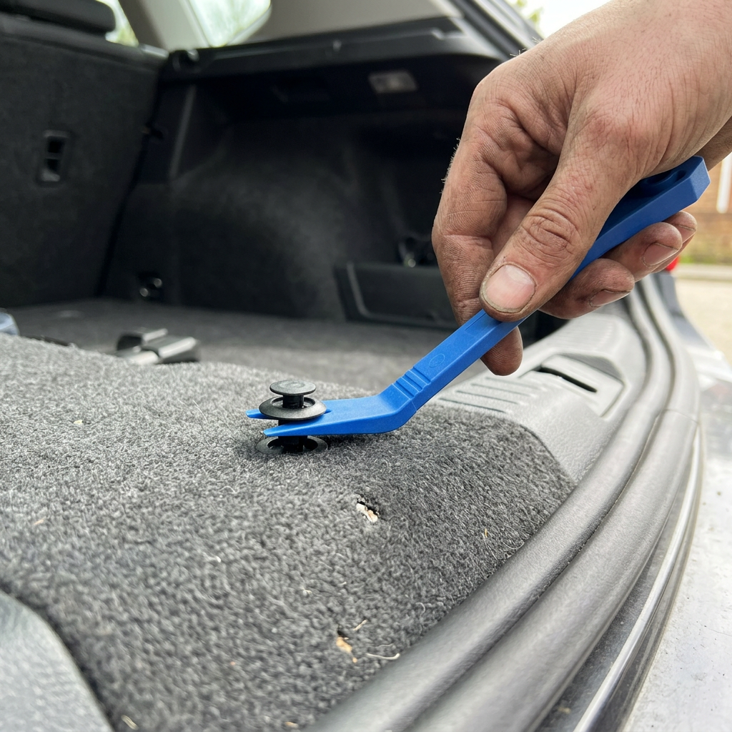 Illustrative scene of forked blue tool lifting a boot trim fastener