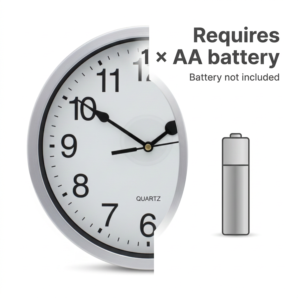 Rysons silver wall clock requires 1 × AA battery. Battery not included.