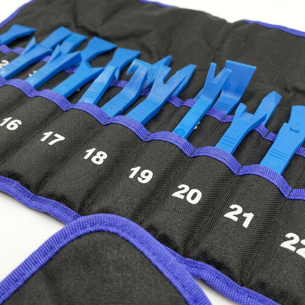 Detail of numbered storage pockets and purple edging