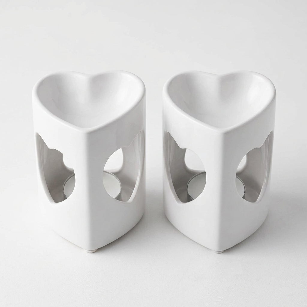 2 White Heart Tealight Wax Melt Warmers & Oil Burners with Candle & Melts