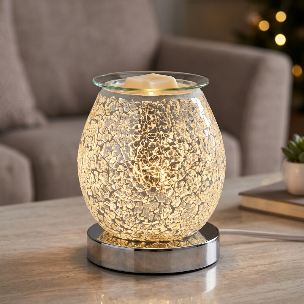 Silver crackle wax melt warmer in an evening living room