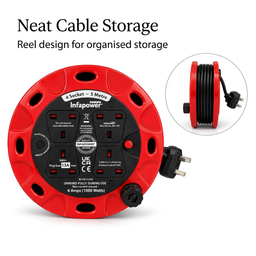 Infapower cable reel organised storage feature