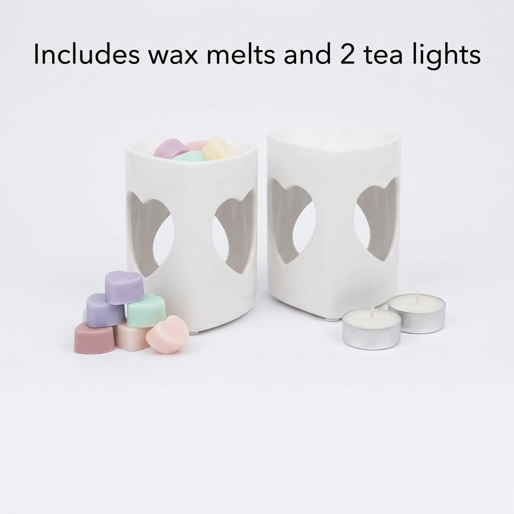 2 White Heart Tealight Wax Melt Warmers & Oil Burners with Candle & Melts
