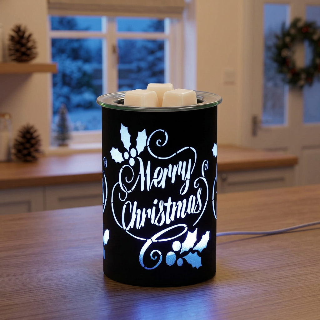 Merry Christmas electric wax warmer glowing blue with wax melts on a kitchen counter