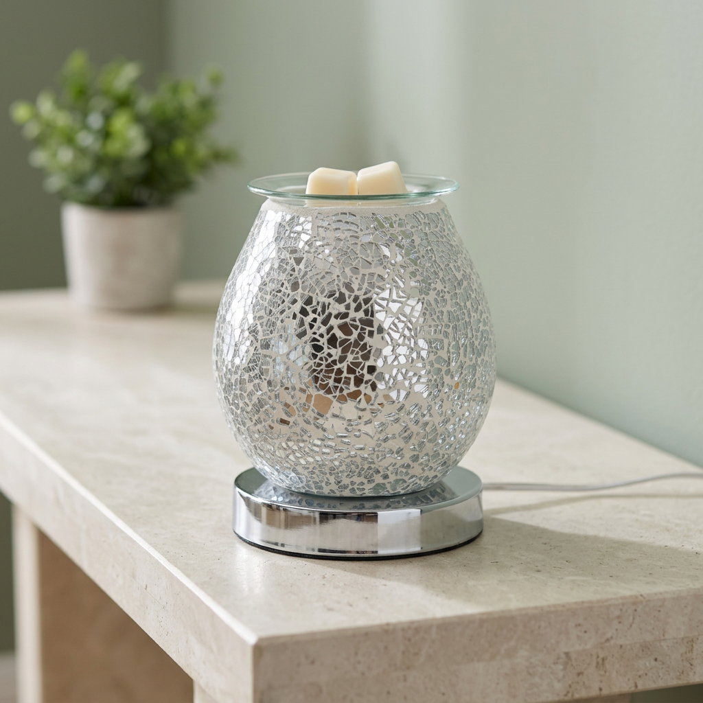 Silver crackle wax melt warmer on a daylight console