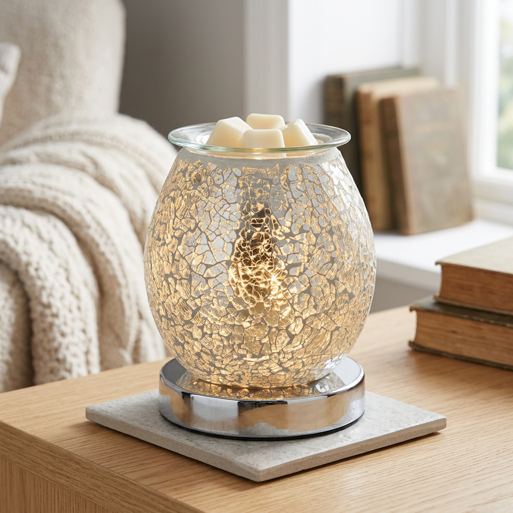 Silver crackle wax melt warmer in a reading nook