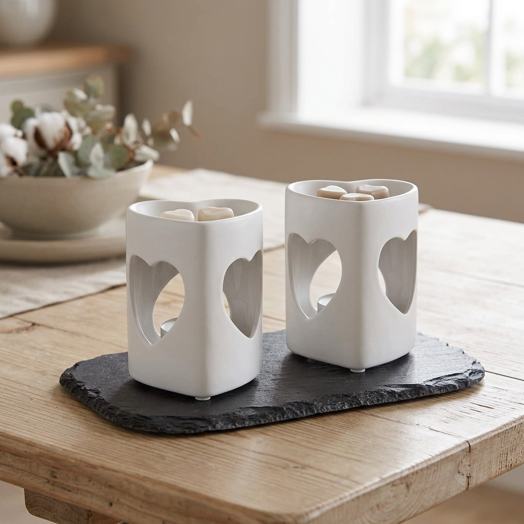 2 White Heart Tealight Wax Melt Warmers & Oil Burners with Candle & Melts