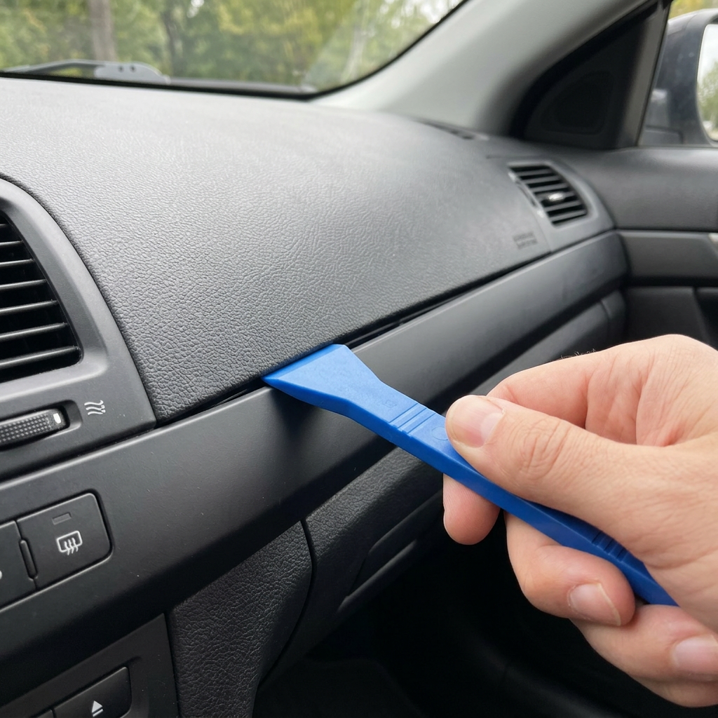 Illustrative scene of blue trim wedge lifting dashboard fascia