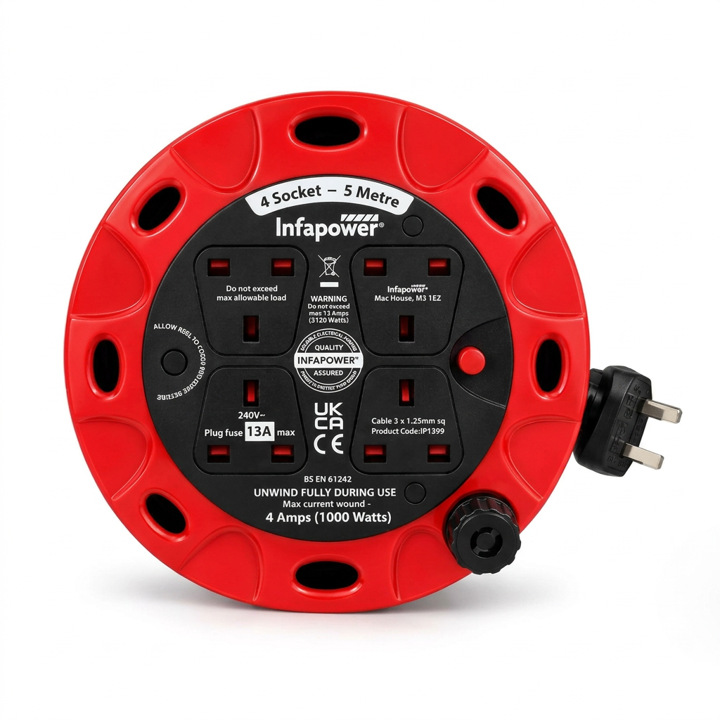 Infapower 5m 4-way extension cable reel on white background