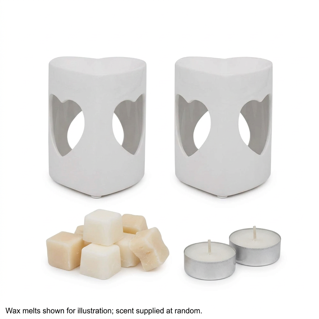 2 White Heart Tealight Wax Melt Warmers & Oil Burners with Candle & Melts