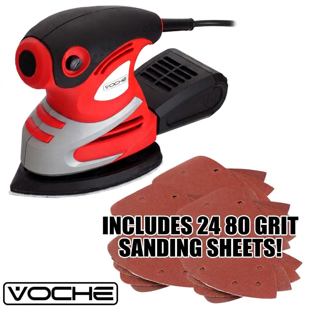 Voche detail sander with dust collection box, includes 24 80-grit sanding sheets