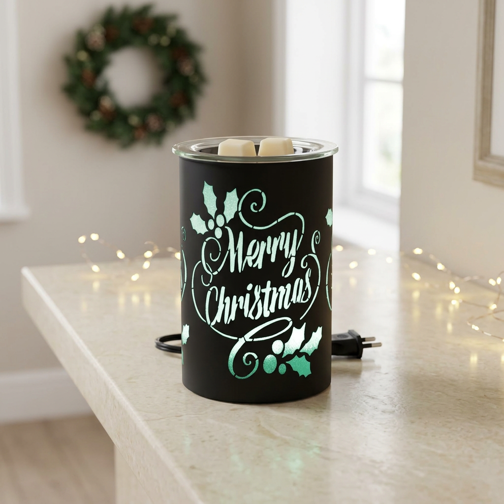 Merry Christmas electric wax warmer glowing green with wax melts on a hallway console