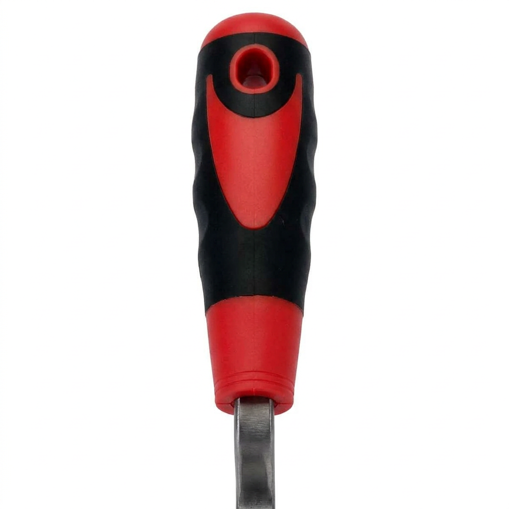 Close-up of the brick jointer's red and black soft-grip handle and hanging hole