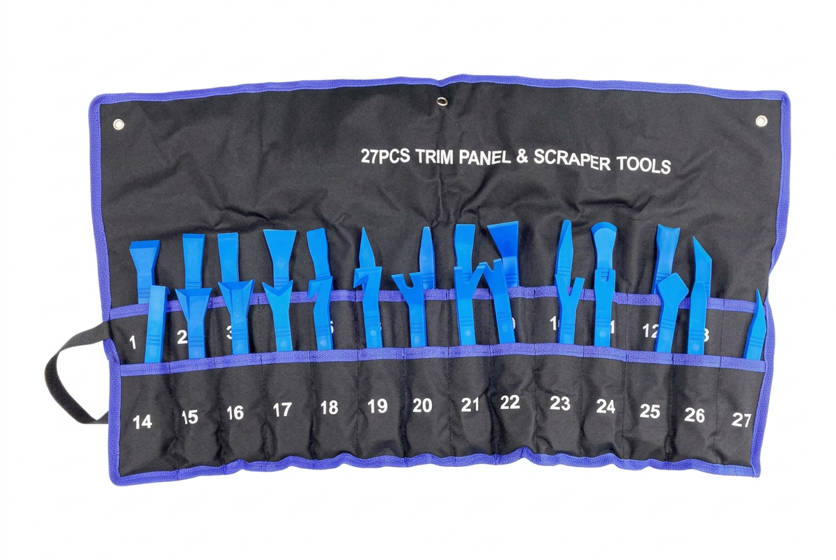 Blue trim panel removal tools in a black tool roll with purple edging