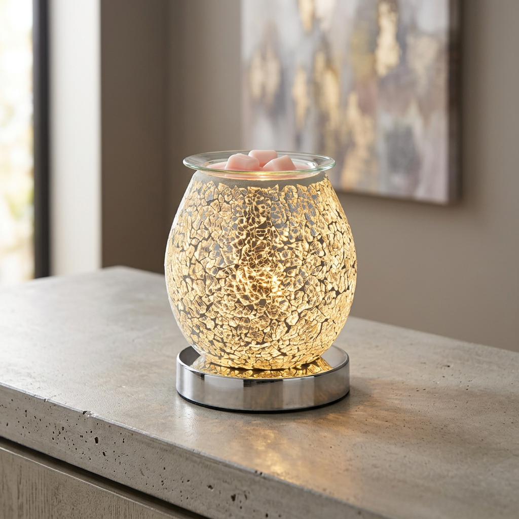Silver crackle wax melt warmer in a dining room setting