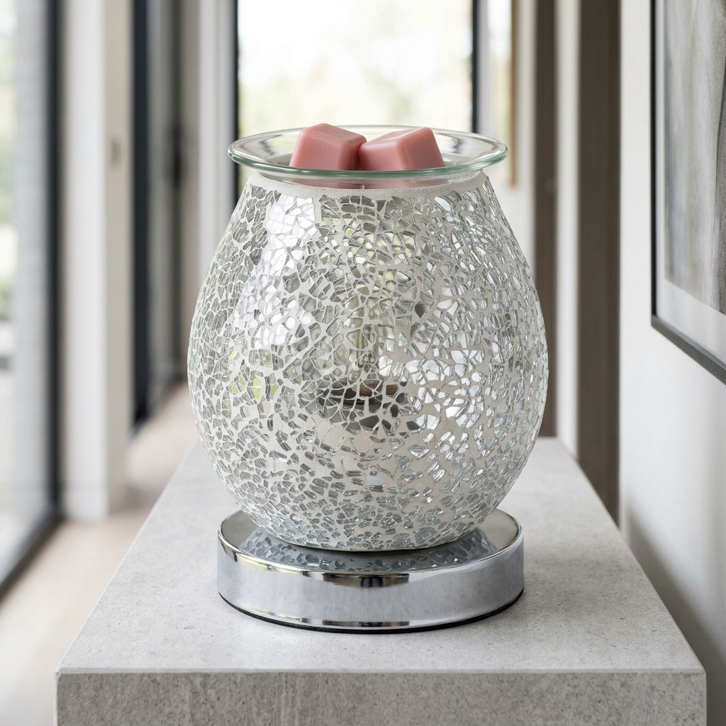 Silver crackle wax melt warmer on a hallway console