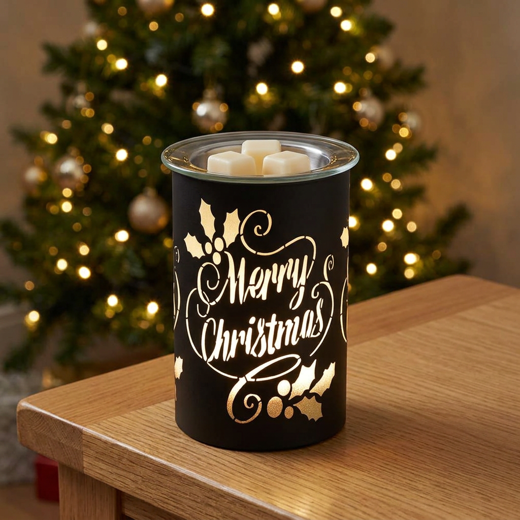 Merry Christmas electric wax warmer with wax melts on a side table beside a Christmas tree
