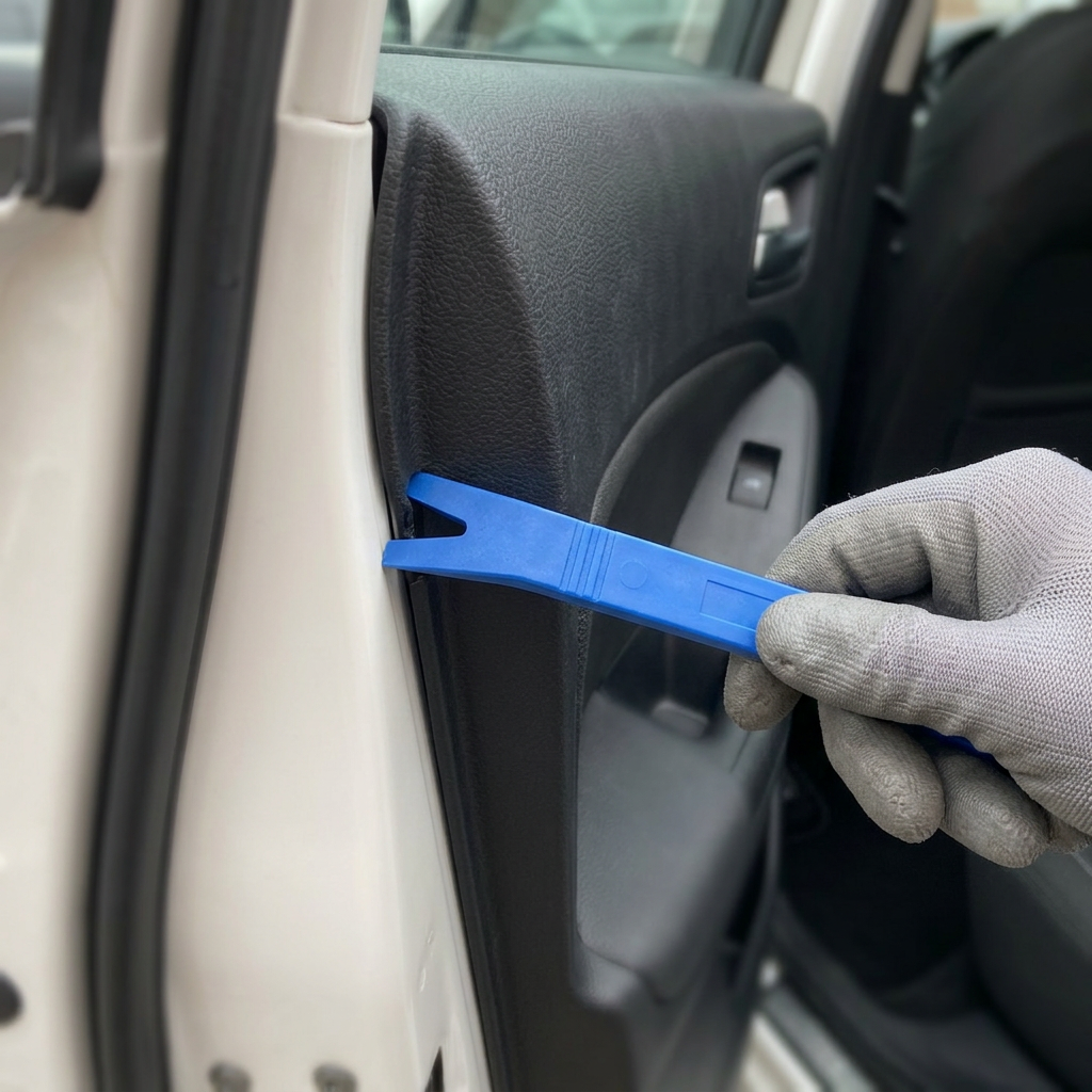 Illustrative scene of blue trim tool at a vehicle door panel