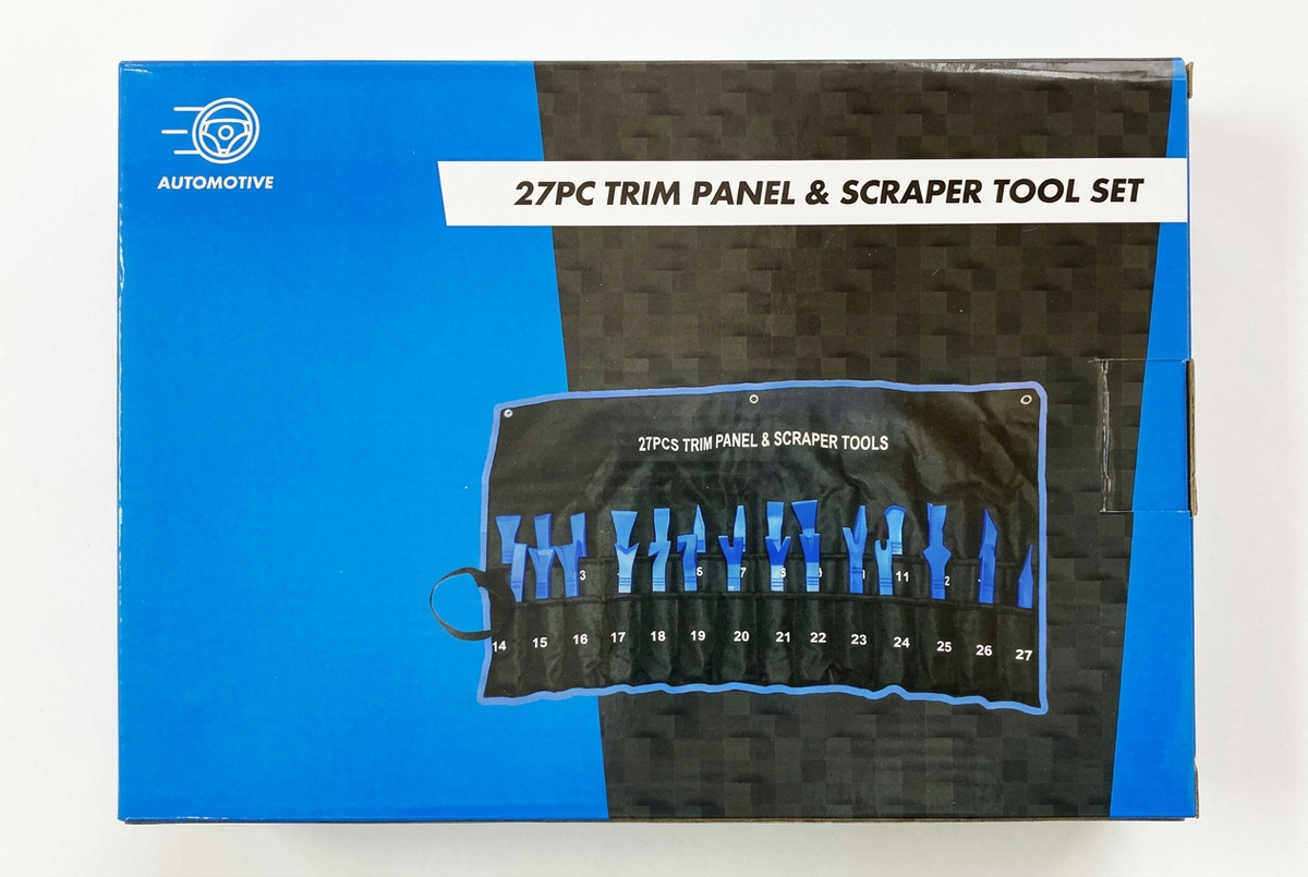 Front view of 27 piece trim panel and scraper tool set packaging with supplier branding removed