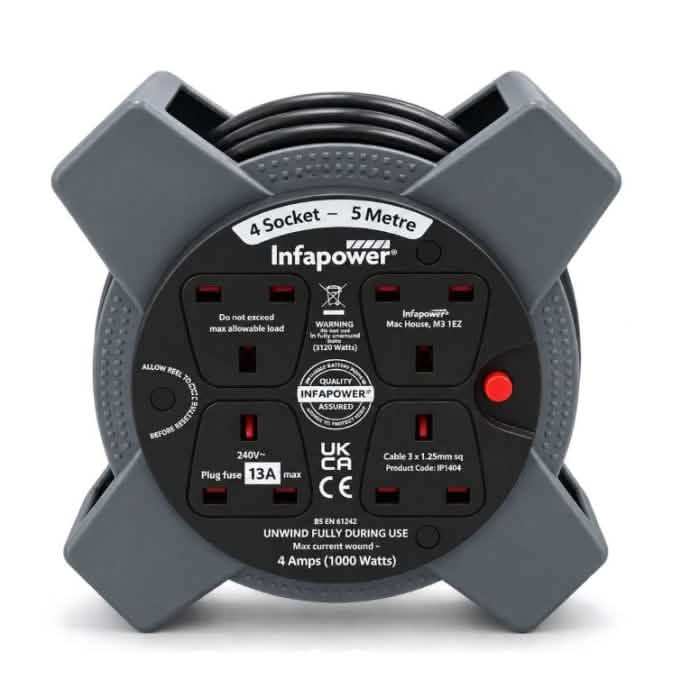 Infapower IP1404 5m 4-Socket Cable Reel Extension Lead – Grey & Black
