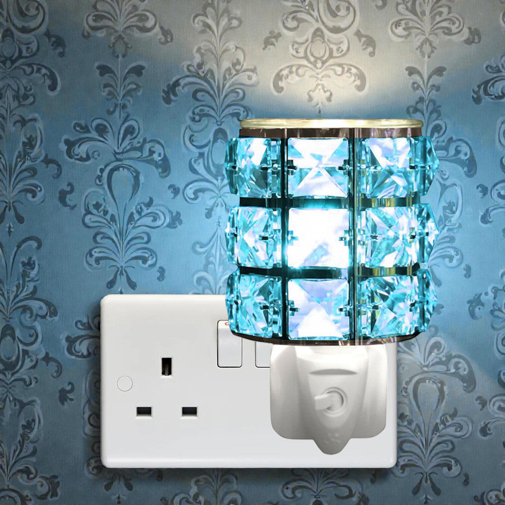 Electric Oil Burner and Wax Warmer plus Pack of 6 Essential Oils | Blue Crystal Effect Plug-in Aroma Diffuser