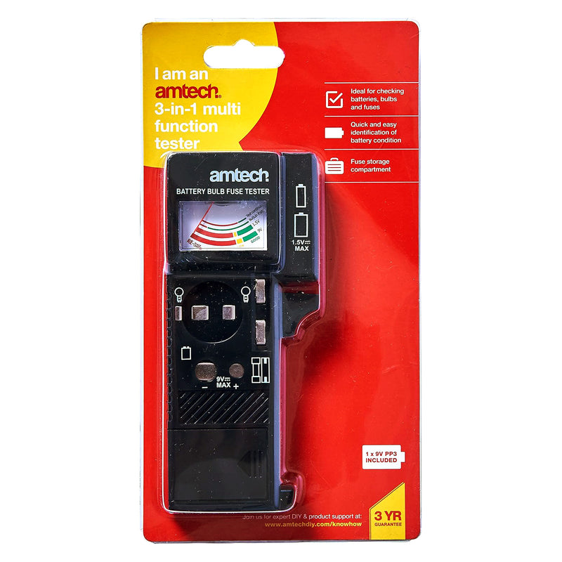 Amtech Battery Bulb and Fuse Tester | 3-in-1 Multi Function Analogue Voltage Checker