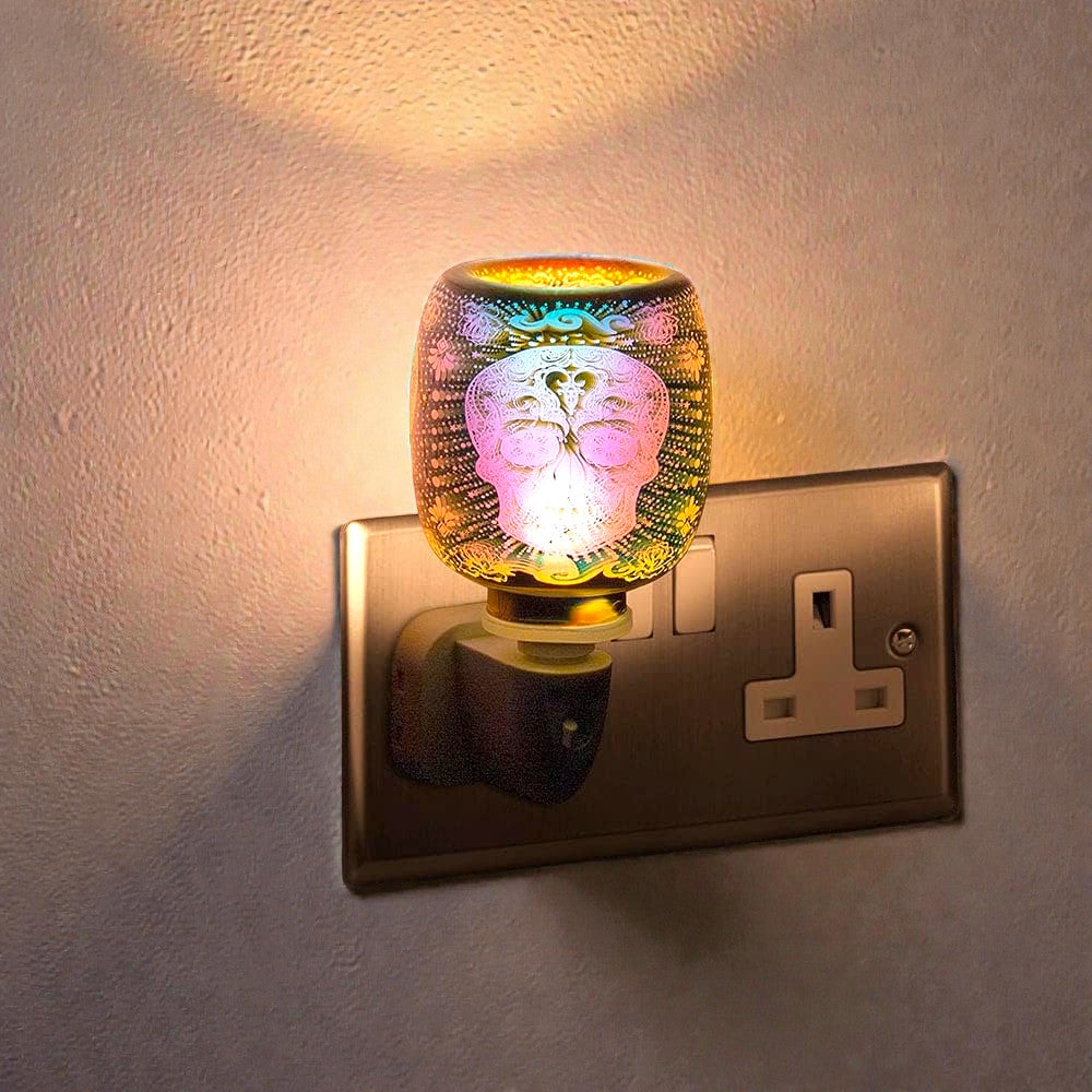 Electric 3D Skull Oil Burner and Scented Wax Warmer plus Pack of 6 Essential Oils | Plug-in Aroma Fragrance Diffuser