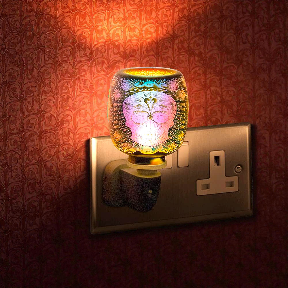 Electric 3D Skull Oil Burner and Scented Wax Warmer plus Pack of 6 Essential Oils | Plug-in Aroma Fragrance Diffuser