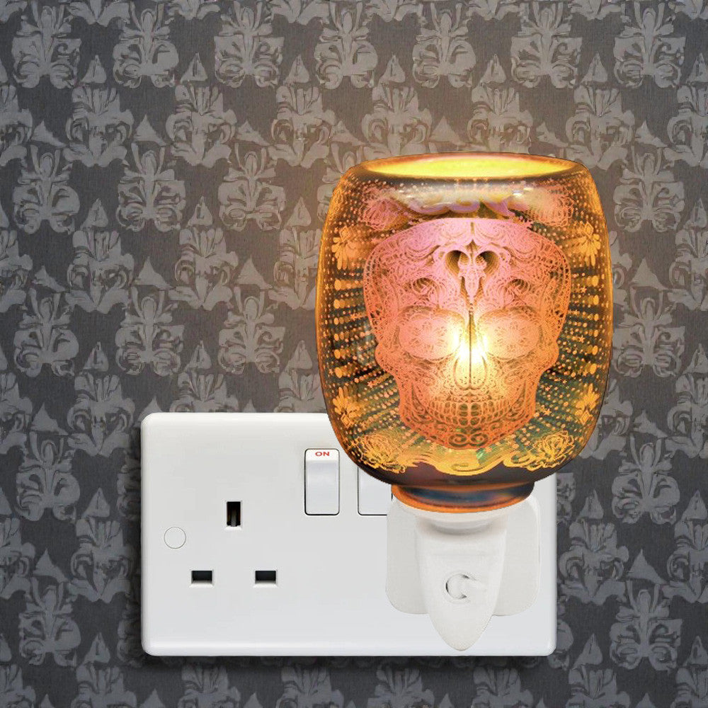 Electric 3D Skull Oil Burner and Scented Wax Warmer plus Pack of 6 Essential Oils | Plug-in Aroma Fragrance Diffuser