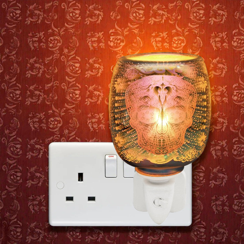 Electric 3D Skull Oil Burner and Scented Wax Warmer plus Pack of 6 Essential Oils | Plug-in Aroma Fragrance Diffuser