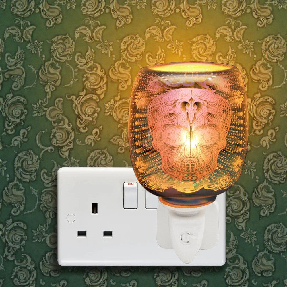Electric 3D Skull Oil Burner and Scented Wax Warmer plus Pack of 6 Essential Oils | Plug-in Aroma Fragrance Diffuser