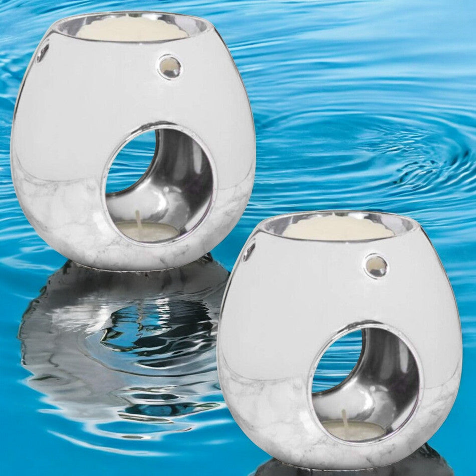 Silver Wax Melt Warmer Oil Tea Light Aroma - 2 PACK - Luxury Glass Round