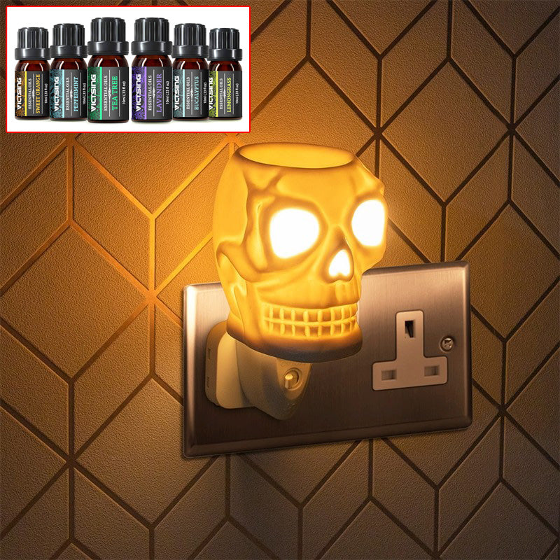 Ceramic Skull Oil Burner & Wax Warmer plus 6 Assorted Essential Oils |  Electric Plug-in Aroma Fragrance Diffuser