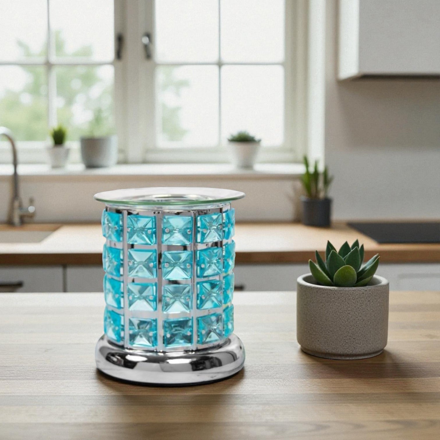 Set Of 2 Aroma Touch Lamp Oil Burner Wax Melter Teal Crystal Fragrance Diffuser