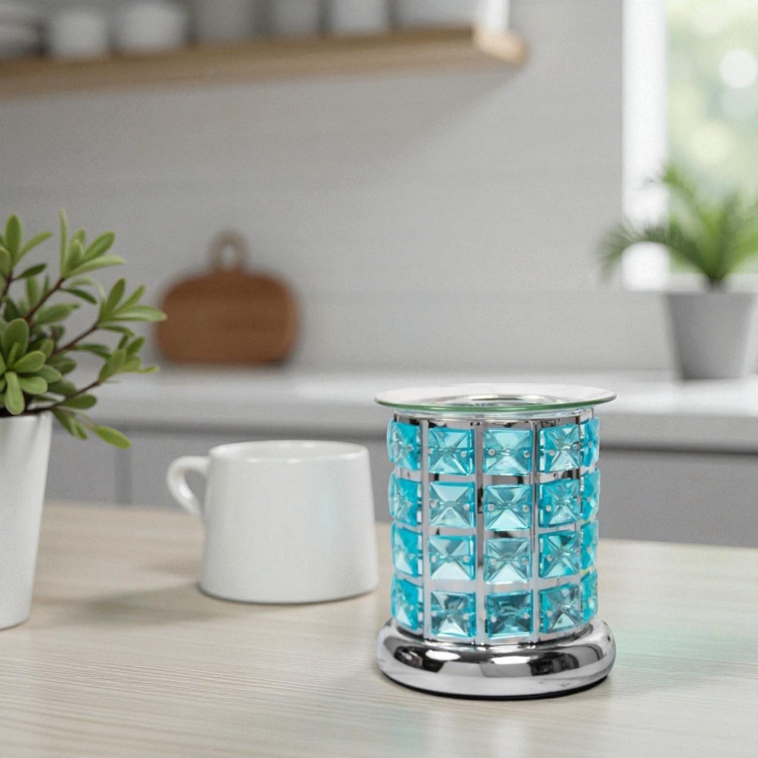 Set Of 2 Aroma Touch Lamp Oil Burner Wax Melter Teal Crystal Fragrance Diffuser