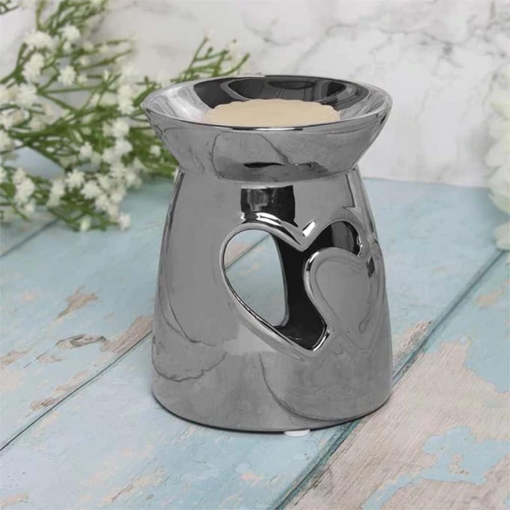 Set Of 2 Silver Heart Tea Light Wax Melt Warmer Oil Burner