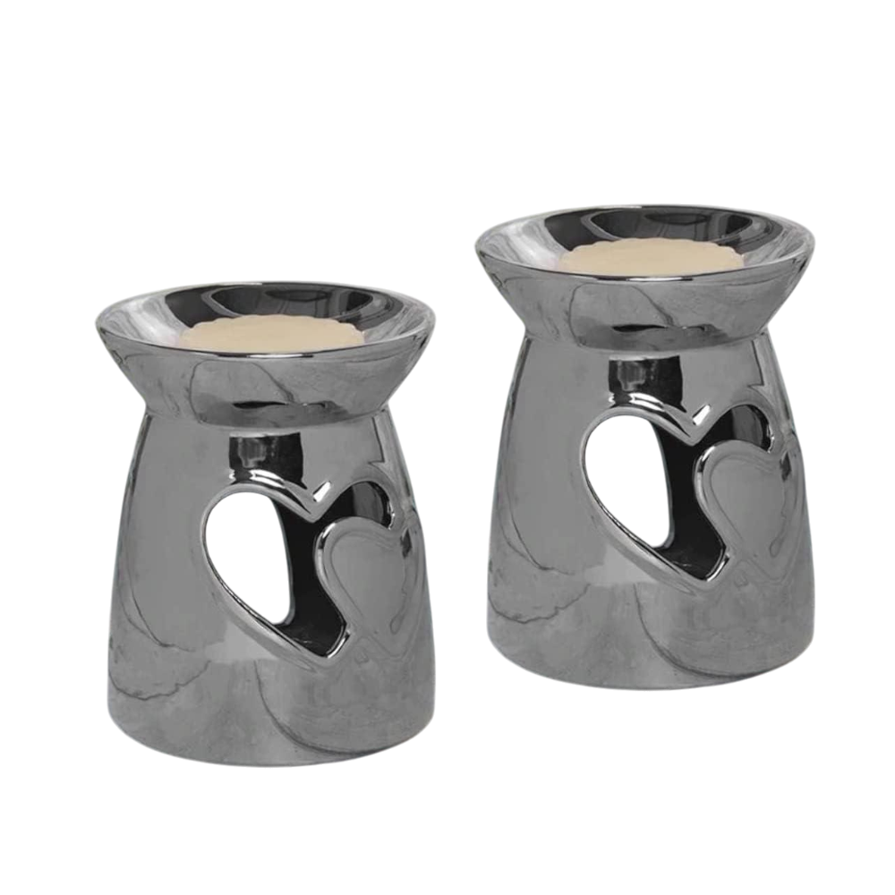 Set Of 2 Silver Heart Tea Light Wax Melt Warmer Oil Burner