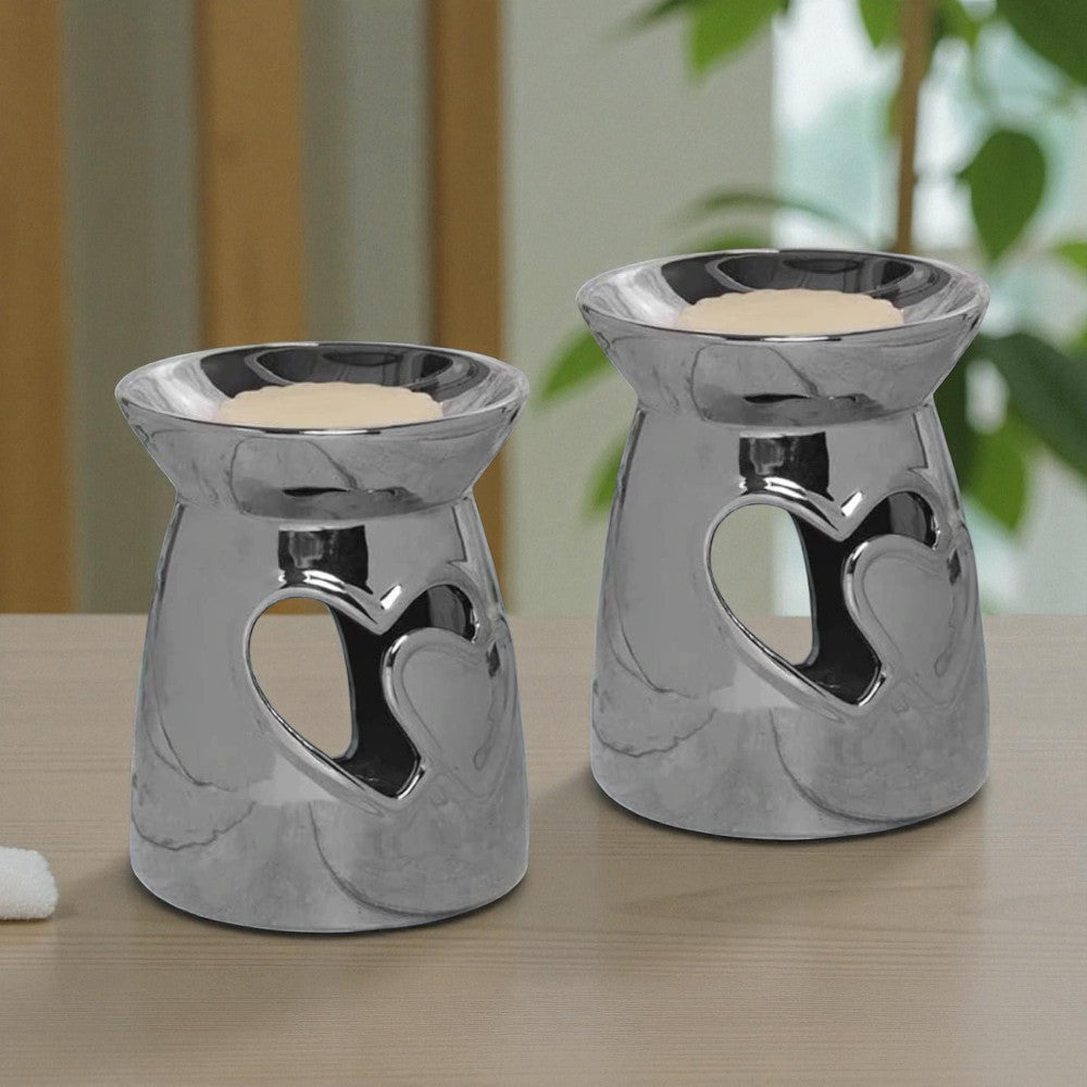 Set Of 2 Silver Heart Tea Light Wax Melt Warmer Oil Burner
