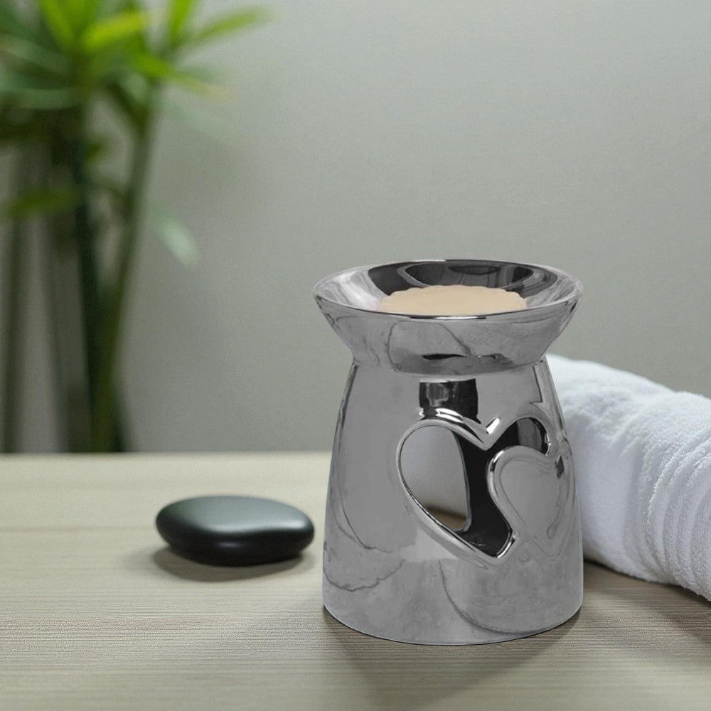 Set Of 2 Silver Heart Tea Light Wax Melt Warmer Oil Burner