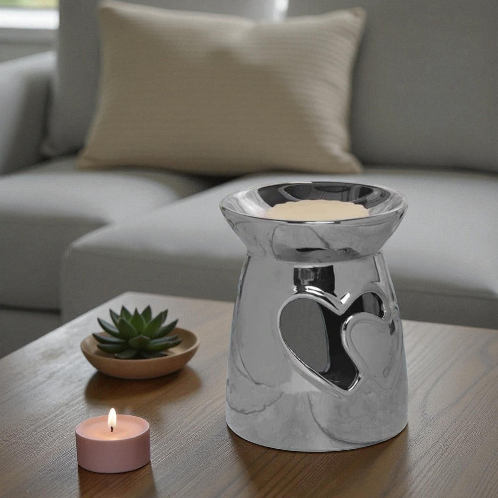 Set Of 2 Silver Heart Tea Light Wax Melt Warmer Oil Burner