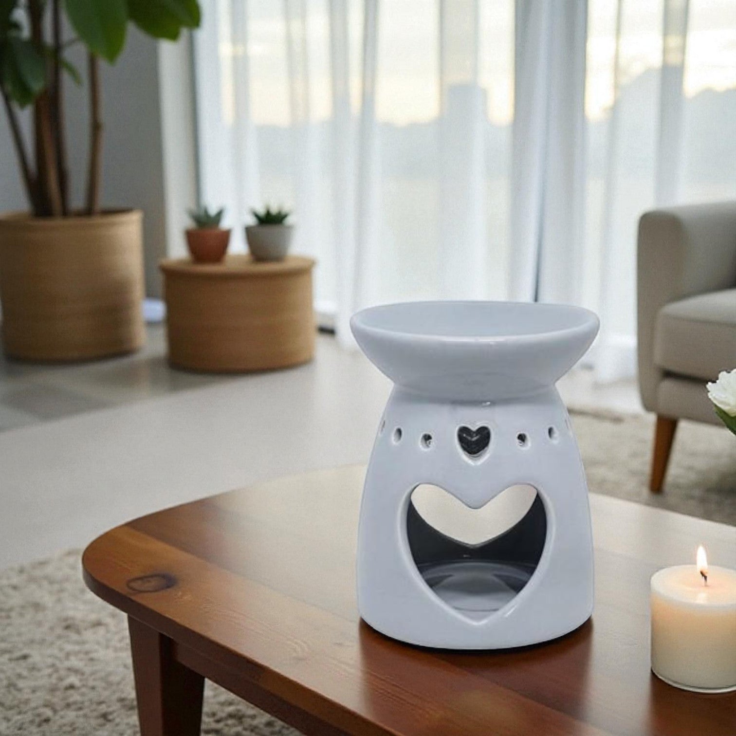 Set Of 2 Grey Heart Tea Light Wax Melt Warmer Oil Burner