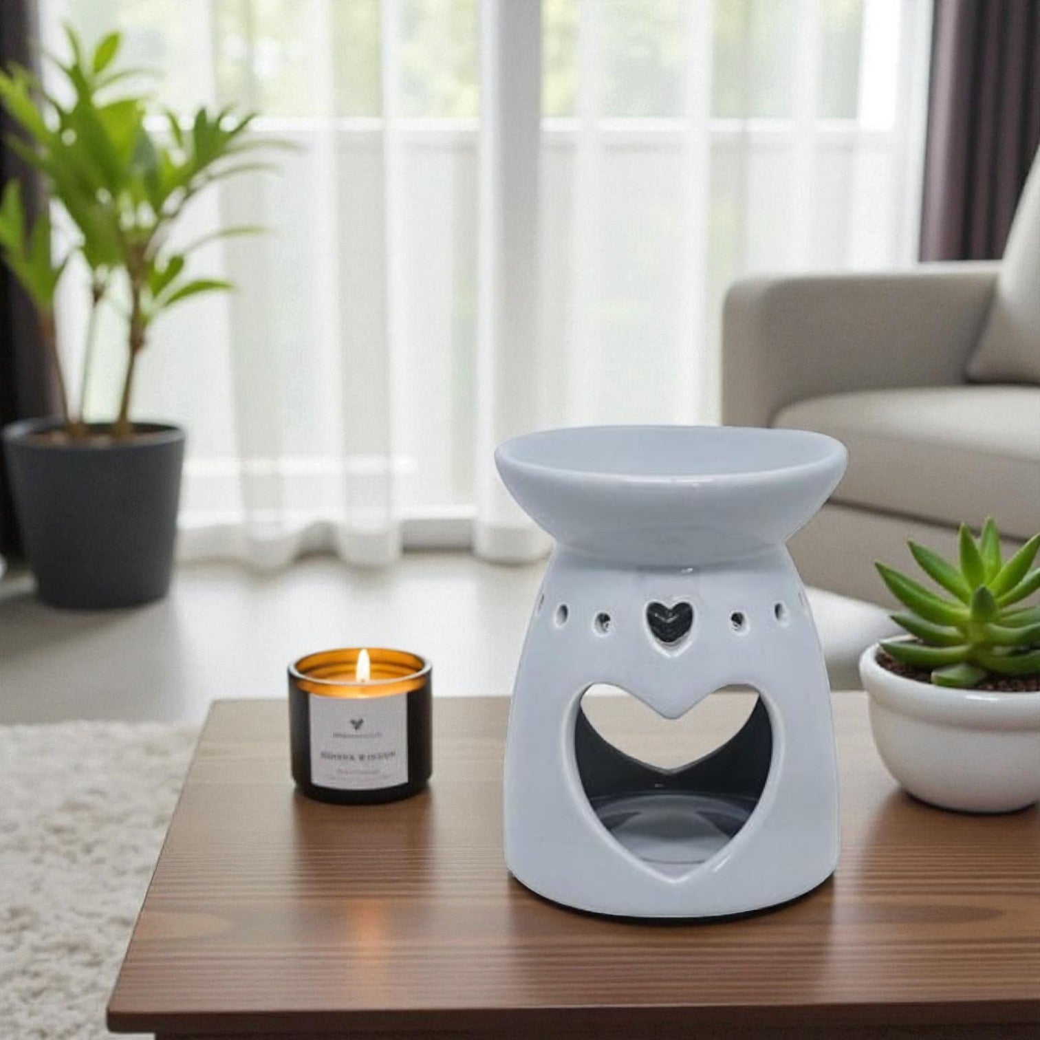 Set Of 2 Grey Heart Tea Light Wax Melt Warmer Oil Burner